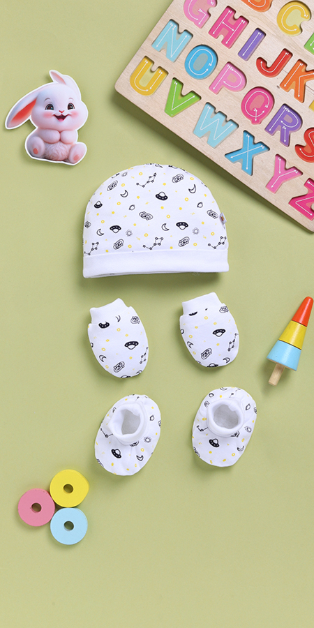 Peek-a-Boo 2226 Infants 100% Cotton Cap Mitten Bootie Set-White in Breathable Fabric