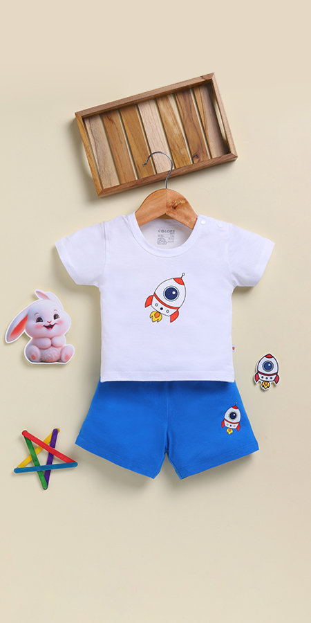 Peek-a-Boo 2246 Shoulder Open T-shirt and Shorts-White for Infants  in 100% cotton for Ultra Soft and Breathable Comfort