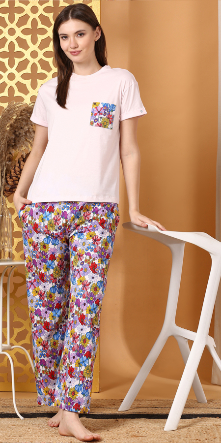 Colors 1601 Playsure Half Sleeves T-Shirt and Printed Pyjama Bottom Night Set for Women