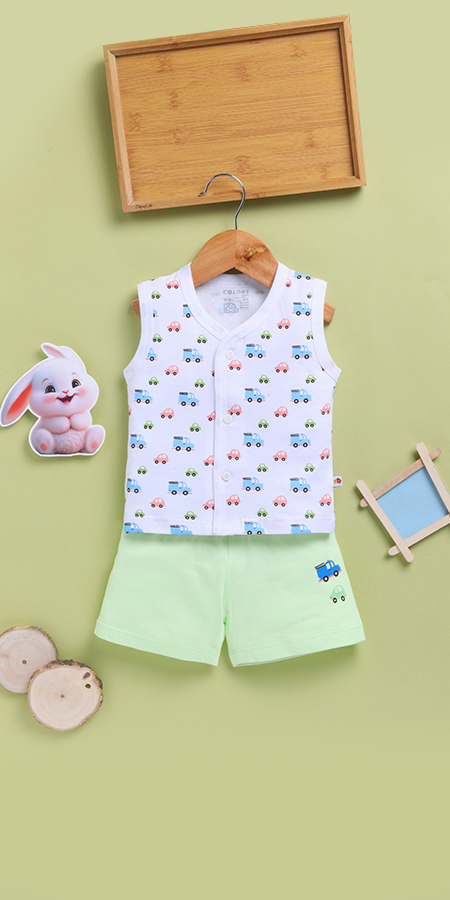Peek-a-Boo 2238 Sleeveless Front Open Top and Shorts-White for Infants in 100% cotton for Ultrasoft and Breathable Comfort
