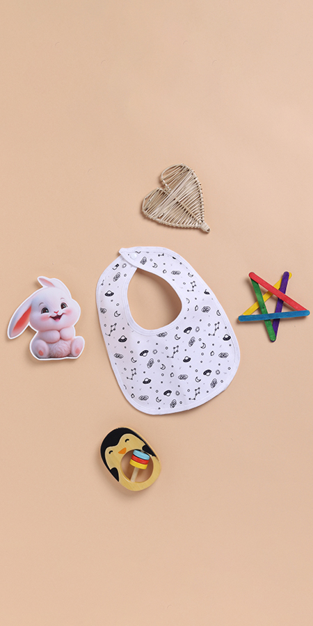 Peek-A-Boo 2252 All-in-One Dry Sheet Attached Bib-White in 100% Cotton with Super stretchability, Quick dry tech and Adorable prints